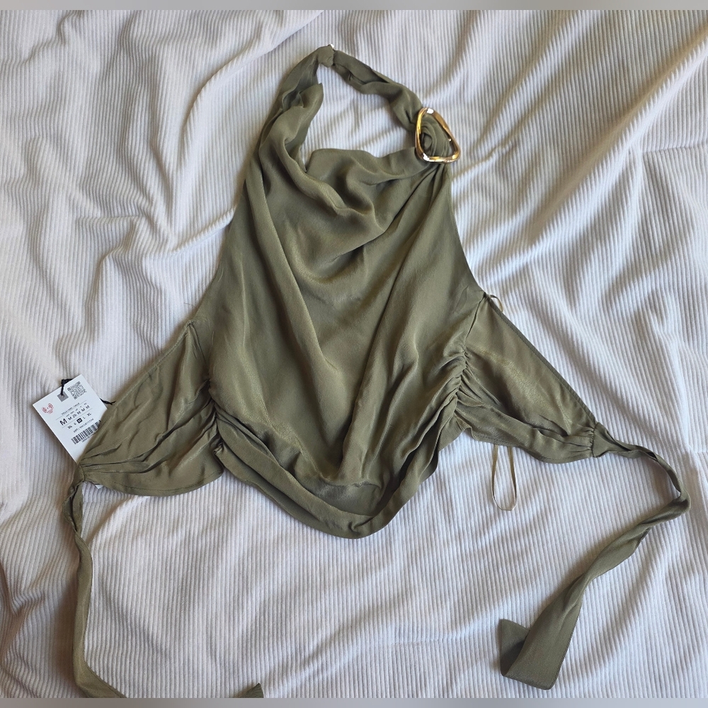 Zara Set Halter Top Tie Back Sz M+ cuffed balloon pants Sz L light khaki Nwt - Picture 14 of 14
